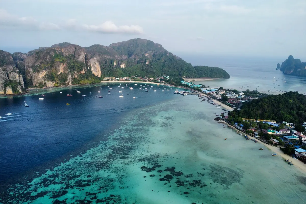 Aerial view of the Phi Phi Islands and turquoise sea, Thailand