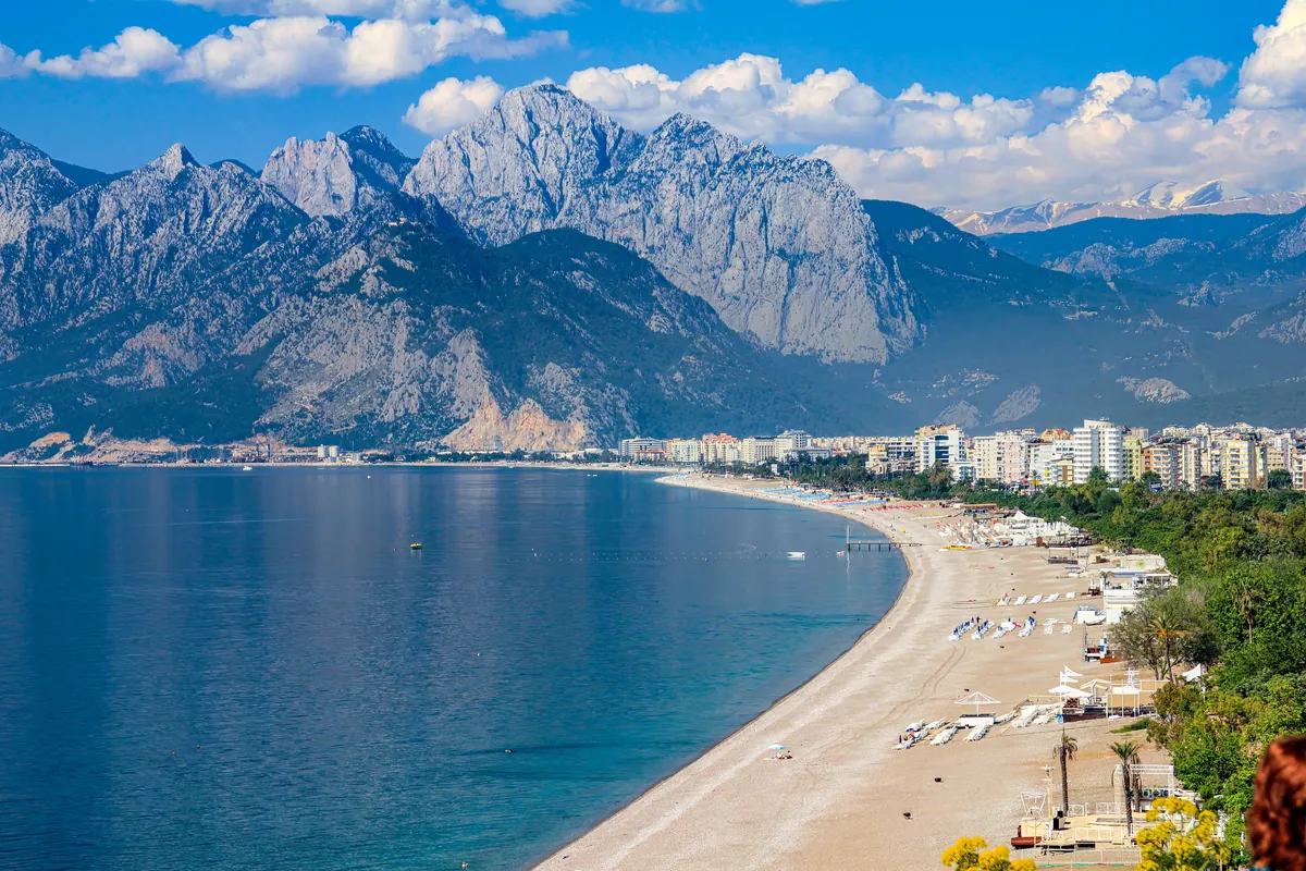 Beach and Taurus Mountains on the Antalya coast, Turkey